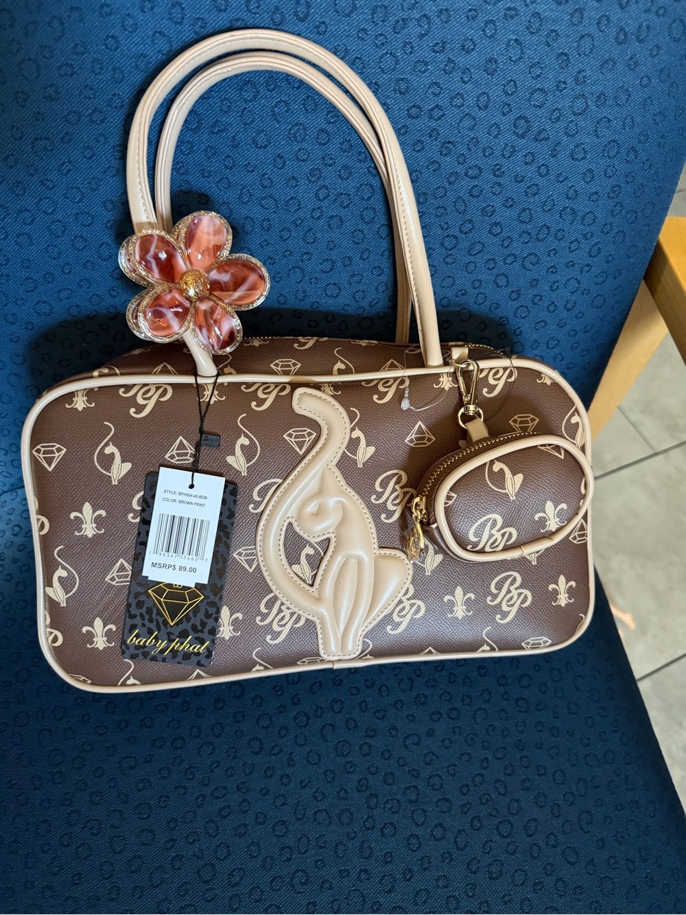 Baby Phat Brown Satchel with Cream Cat Appliqué and Floral Charm